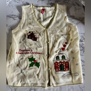 Vintage Christmas Homespun Sweater Vest Embroidered Button Front Womens L Ivory